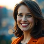 Woman smiling, cityscape background.