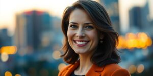 Woman smiling, cityscape background.